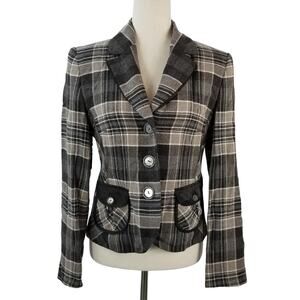 Gerry Weber Gray Black Cream Plaid Wool Blend 3 Button Jacket Lined Size Small